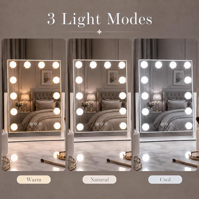 Vanity Mirror with Lights, Dimmable Desk Mirror, 12 Bulbs, 10X Magnifier | 16.4" H x 13.1" W makeup mirror, 3 colors, touch control, detachable 10X magnifier, 360 rotation, Gifts for Wife, Mom, Girls