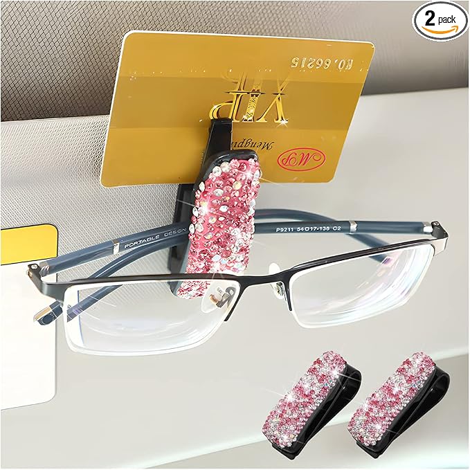 Moly Magnolia Bling Car Glasses Holder, 2PCS Handcrafted Crystal Rhinestones Fashion Car Sunglasses Mount with Card Clip for All Sun Visors, Auto Interior Accessories for Women Girl (Pink/Multicolor)