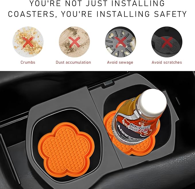 DXNQ 4 PCS Car Cup Coasters, Cute Flower Shaped Car Cup Holder Mat, PVC Waterproof Anti Slip Vehicle Cup Holder Insert Coaster, Universal Car Interior Decor Accessories (Orange)