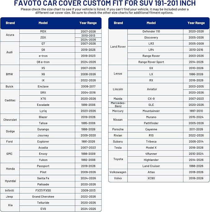Favoto Waterproof Car Cover Outdoor All Weather SUV Cover Car Tarp | Sun Rain Proof Breathable Car Cover for Automobiles Universal Fit SUV (191–201 in) for MDX, Durango, Highlander, Ascent etc.
