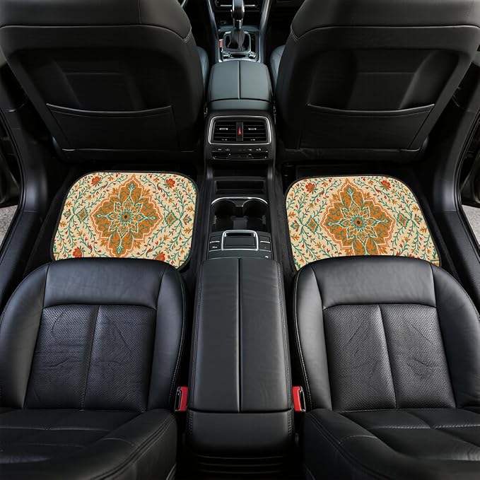Orange Car Floor Mats Set of 4 Bohemian Floral Vine Automotive Foot Mats Rugs Carpet for Car Non-Slip Auto Car Accessories Universal Fit for Car SUV Truck Van