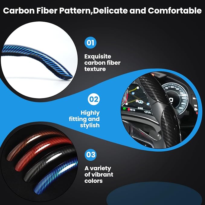 Hiseanllo Carbon Fiber Steering Wheel Cover 3PCS Set – Anti-Slip, Scratch-Resistant, Universal Fit for 14–16 Inch Wheels – Interior Car Accessories for Cars, SUVs, Trucks (Blue)