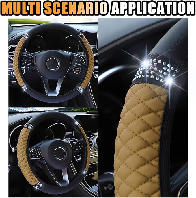 JOYCOURT 15 Inch Bling Soft Leather Car Steering Wheel Cover, Beige | Colorful Rhinestones Design, Auto Elastic Protector for Women Girls, Crystal Diamond Car Accessories for Most Cars, SUVs