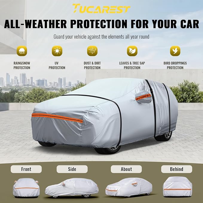 TUCAREST 6 Layers Full Car Cover for Sedan/Wagon/Coupe/Hatchback - Waterproof, Insulated, Anti-UV, Snow-Proof, Anti-Wind, All-Weather, Thickened Protection, up to 191 in