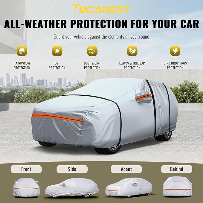 TUCAREST 6 Layers Full Car Cover for Sedan/Wagon/Coupe/Hatchback - Waterproof, Insulated, Anti-UV, Snow-Proof, Anti-Wind, All-Weather, Thickened Protection, up to 216 in