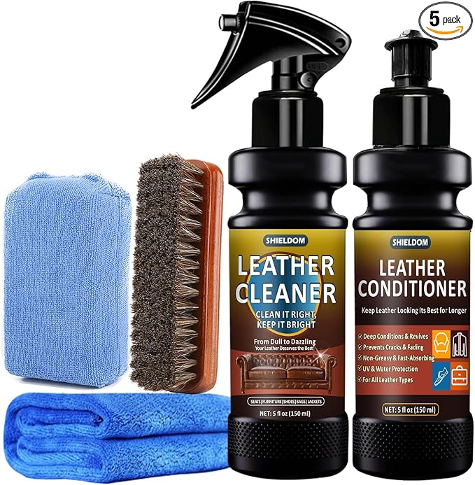 SHIELDOM Leather Cleaner and Conditioner Kit, Leather Care Cleaning Detailing Safely Cleans & Conditions Leather Car Interiors, Shoes, Bags & More - UV Protection Prevent Cracking & Fading - 5 Items