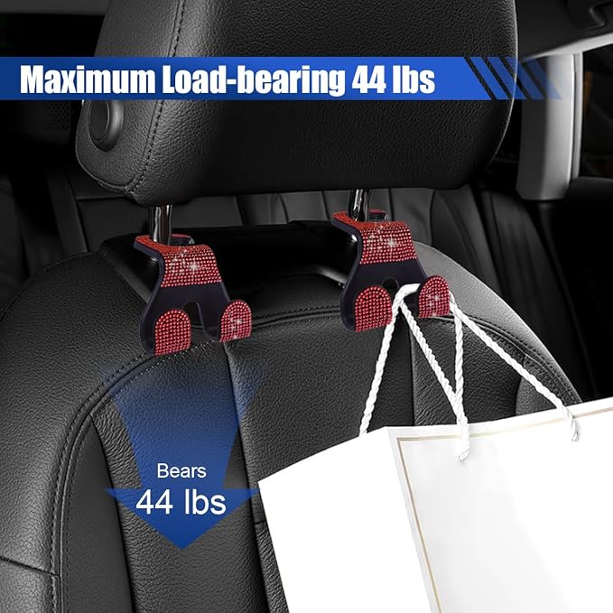 LAINLOY 2PCS Car Seat Headrest Hooks, Shiny Crystal Hanger Holder, Backseat Hanger Storage Organizer, Bling Rhinestone Car Purse Hook, Car Accessories for Women Universal for SUV Truck Vehicle (Red)