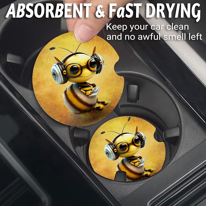 Bee Car Coasters - Anti Slip Rubber Mat with Finger Notch, 2 Pack for Car Cup Holders, Cute Interior Accessories