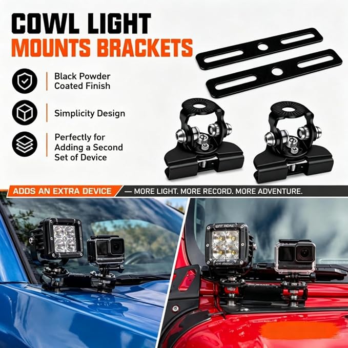 Ditch Light Bracket Extension Dual LED Pod Mount 304 SS Hood Clamp 2PCS | Double Your Lights on One Bracket - 180°/60° Adjustable No-Drill Stainless Steel Hood Mount for Truck SUV ATV UTV - 8mm Max