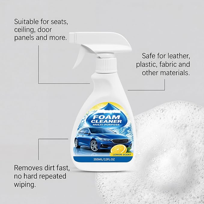 Car Interior Cleaner Foam with Sponge & Microfiber Towel, Deep Cleaning Auto Detailing Spray for Dashboard, Leather, Vinyl, Plastic, Carpet & Upholstery, Fast Stain Removal, Quick Drying, Lemon Scent