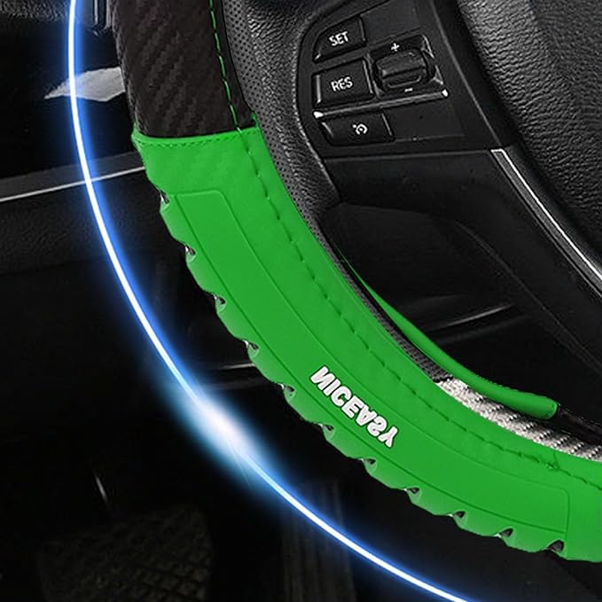 Sport Style Black Carbon-Fiber Steering Wheel Cover with Green Grip Steering Wheel Accessory,Universal Fit 14.75-15 inch Steering Wheel