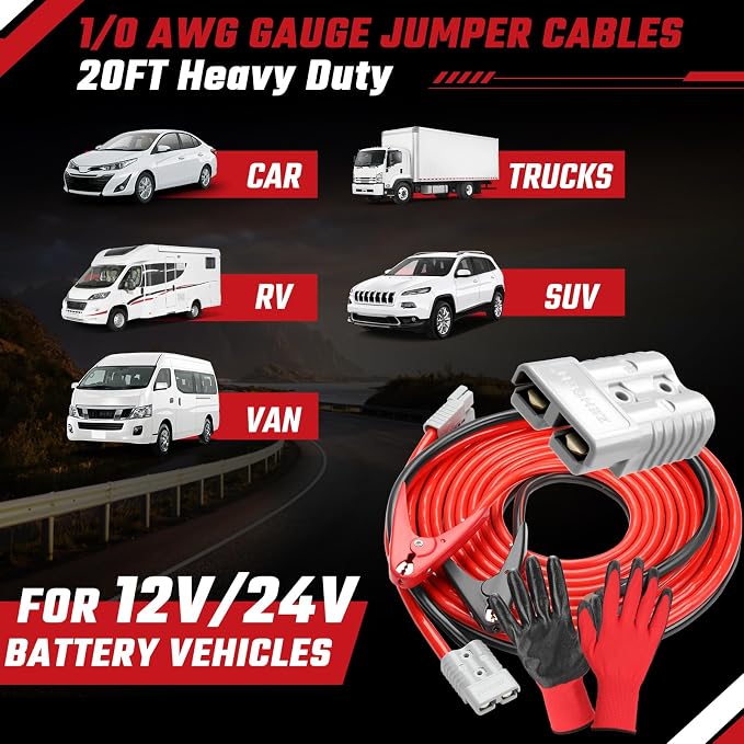 Heavy Duty Jumper Cables, 1 Gauge 1000Amp 20 feet, Booster Battery Cables with Permanent Installation kit and Quick Connect Plug for Car SUV Trucks up to 8-Liter Gasoline & 6-Liter Diesel Engines