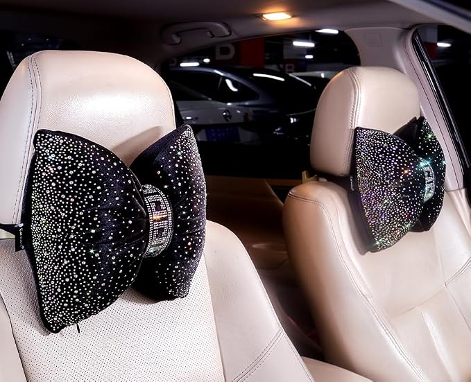 Carwales Bow Neck Support Pillow for Driving Seat Travel Head Rest Sparkly Bling Car Accessories Sparkly Rhinestone Headrest Black 2pcs for Women Men