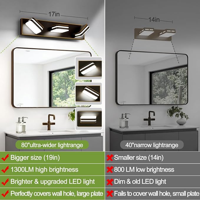 Torondo 360° Rotate LED Bathroom Vanity Light Fixtures, Acrylic Vanity Lights for Bathroom, Modern Wall Lighting Fixtures Over Mirror Living, Oil Rubbed Bronze, Natural White, 3-Light, 17-Inch