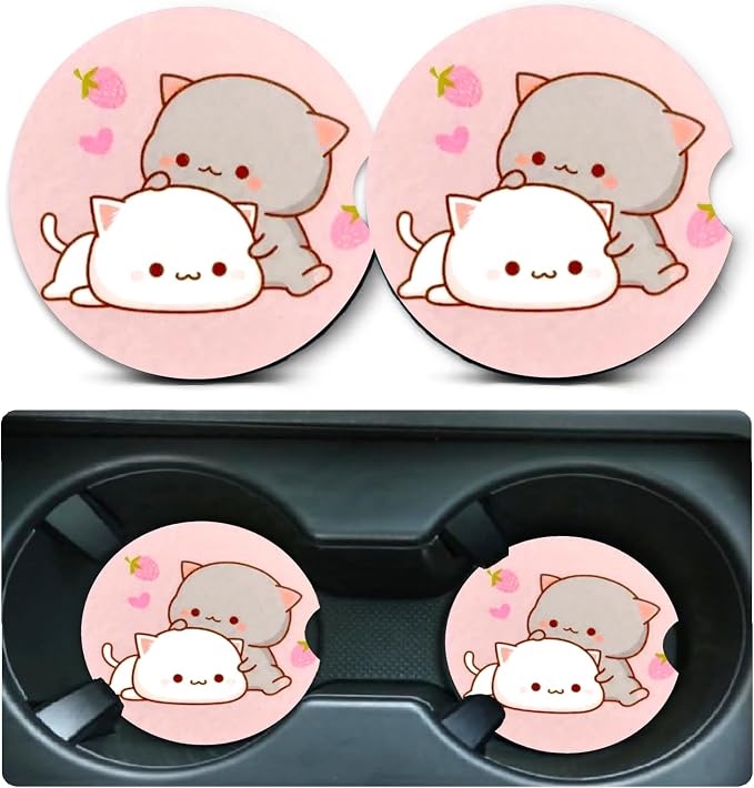 2 Pack Two Cat Car Cup Holder Coasters Universal Neoprene Coasters | 2.75" Universal Size Anti Slip Rubber Mat, Auto Cup Holder Accessories for SUV Truck, Gifts for Cat Lovers Women,Men,Mom