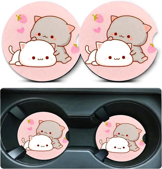 2 Pack Two Cat Car Cup Holder Coasters Universal Neoprene Coasters | 2.75" Universal Size Anti Slip Rubber Mat, Auto Cup Holder Accessories for SUV Truck, Gifts for Cat Lovers Women,Men,Mom