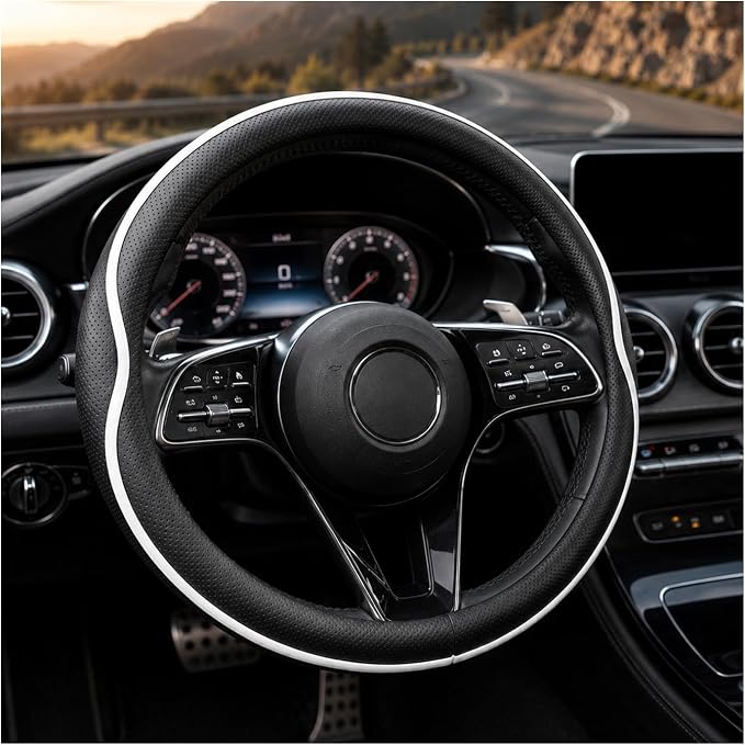 Car Steering Wheel Cover Full Surround - Soft Breathable Anti-Slip Heavyweight Safety Cover, Thick Cushioned Sports Style Universal Fit for Auto Truck SUV (Black/White)
