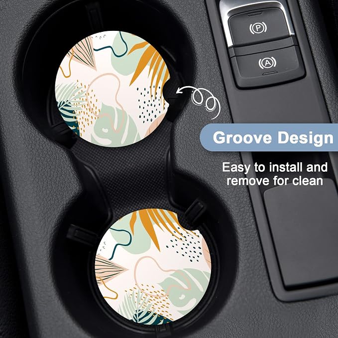 Nipichsha Car Coasters for Cup Holders, 2 Pack Absorbent Ceramic Car Cup Holder Coaster for Drinks, Cute Auto Assecories for Women Men, Size 2.56 in with Finger Notch & Cork Base, Boho Leaves