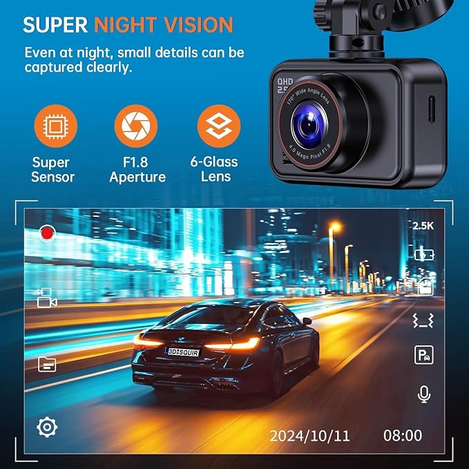 Dash Cam Front and Rear for Cars, 2.5K+1080P Dual Camera with 2" Screen | WDR Night Vision, 170° Lens, G-Sensor, Loop Recording, 360° Mount, Mini Design, 256GB Max, 24H Parking, SD Card Not Included
