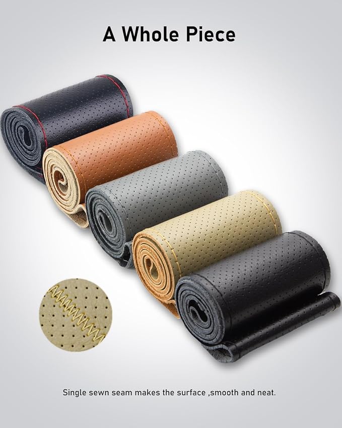 Belinous Perforated Leather Car Steering Wheel Cover (Size L4, Beige) | Stitch On Wrap, Universal fit 13-20 Inch, Whole Piece of Cowhide, DIY w/Needle Thread, Breathable Anti-Slip Design
