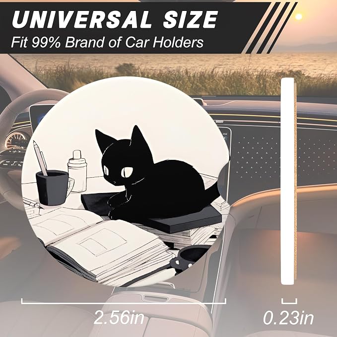 Aiawoxc Car Cup Holder Coasters, 2 Pack Universal Auto Anti Slip Insert Coaster with A Finger Notch, Cup Mat for Most Car Interior, Cute Reading Cat
