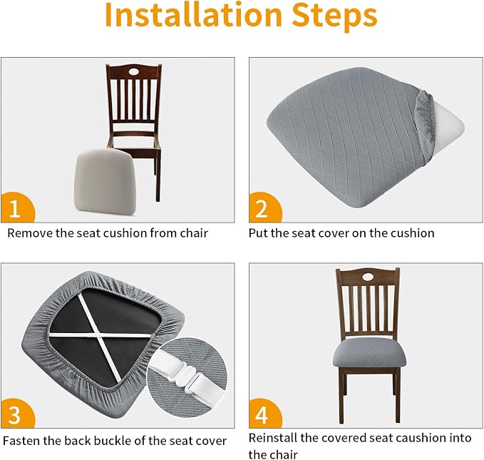 Fuloon Stretch Chair Seat Covers 4 PCS, Removable Washable Dining Chair Covers Anti-Dust Dining Room Seat Cushion Slipcovers (4, Light Grey)