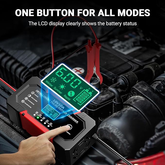 Battery Charger 10A 12V Fully Automatic Smart Car Battery Charger with LCD Display & Temperature Compensation for Car Motorcycle Vans