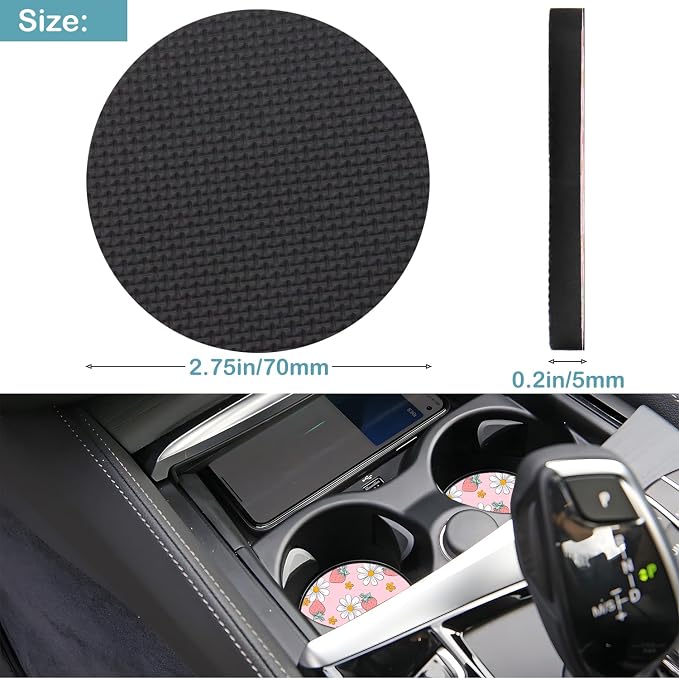 Car Cup Holder Coasters, 2 Pack – 2.75" Universal Auto Anti-Slip Insert Coaster, Rubber Car Coasters, Personalized Car Accessories for Women (Pink Strawberry)