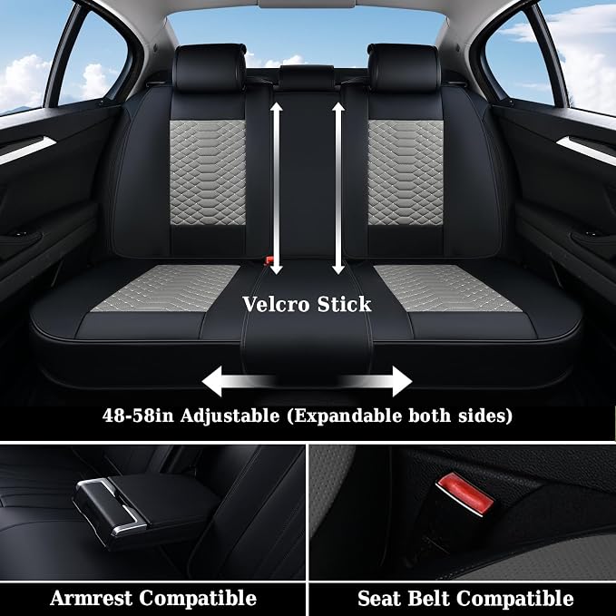 Coverado Leather Seat Covers, Car Seat Covers Full Set, Nappa Leather Seat Covers for Cars, Car Seat Protectors Waterproof, 5 Seats Black&Gray Automotive Seat Covers Fit for Most Cars Trucks