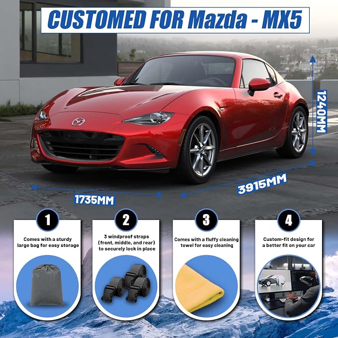 Car Cover Custom Fit for Mazda Miata MX 5 MX-5 MX5 Sedan Coupe (1990-2026) | Waterproof All Weather for Automobiles Full Exterior Cover Rain Sun Snow UV Protector.