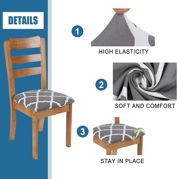 SearchI Seat Covers for Dining Room Chairs Stretch Printed Chair Seat Covers Set of 6, Removable Washable Upholstered Chair Seat Protector Cushion Slipcovers for Kitchen, Office(Grey+White)