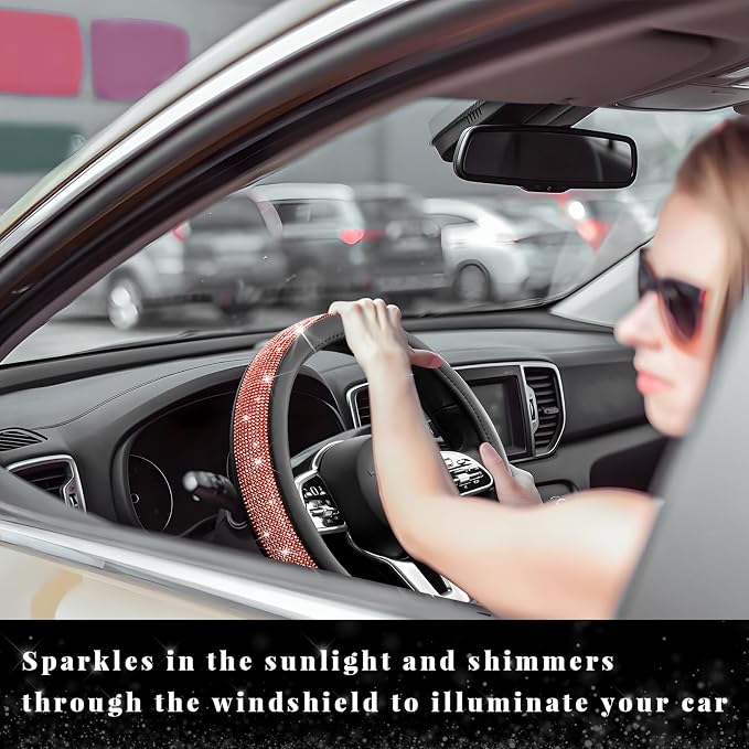 Diamond Leather Steering Wheel Cover, 15 Inch Bling Crystal Rhinestone Anti-Slip Wheel Protector, Universal Sparkling Elegant Diamond Steering Wheels Cover for Women Girl (Red)