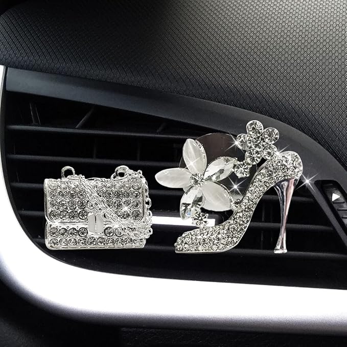 LHEVEN Crystal High Heel Shoe & Magic Bag Car Air Vent Clip Charm Bling sparkly bedazzled rhinestone Car Bling Accessories, Car Interior Decoration Charm, Rhinestone cute Car Decor girls
