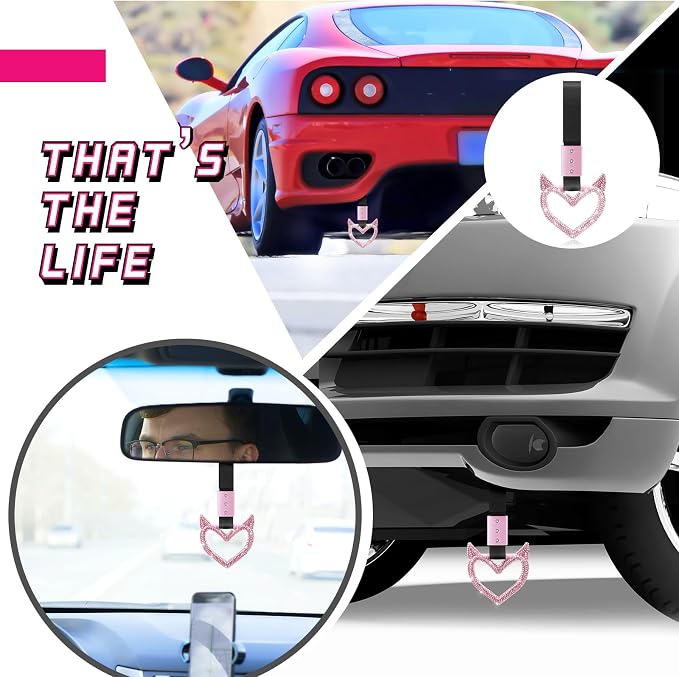 Fabbay Glittery Car Accessories Bling Heart Handle Ring Car Accessory for Women Heart Hand Strap Drift Charm Rear Bumper Warning Ring Decor for Bus Interior Exterior Decoration (Pink, Devil Style)