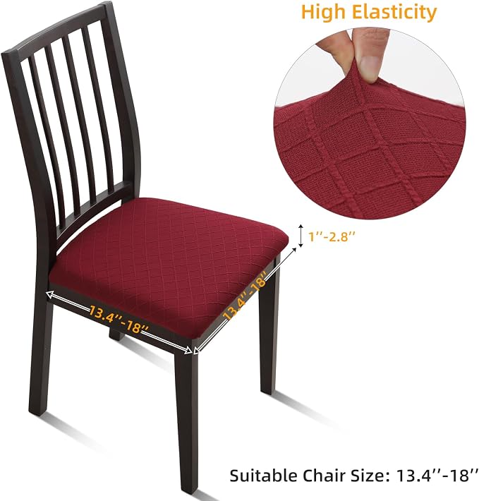 Fuloon Waterproof Seat Cushion Covers 4 PCS, Stretch Jacquard Chair Seat Covers Washable Dining Room Chair Slipcovers Removable Kitchen Cushion Protector (4, Waterproof-Wine Red)