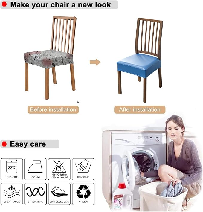 NILUOH Waterproof Seat Covers for Dining Room Chairs Set of 2, Pu Leather Chair Seat Slipcovers Dining Chair Cover Removable Washable Chair Protctor Cover, Rear Covers (PU-Dark Blue)