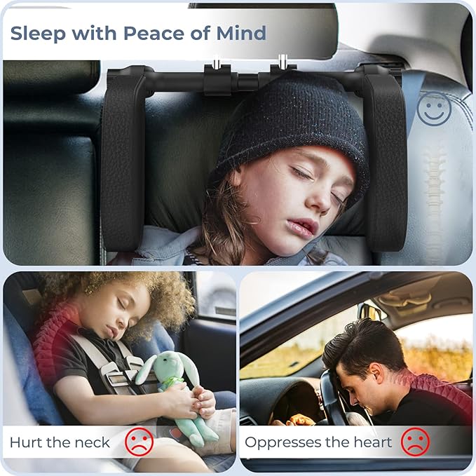 Adjustable Car Headrest Pillow, Road Pal Headrest, U-Shaped Travel Sleeping Pillow for Kids & Adults, Head Neck Support Only Suitable for Car Seat Headrest with Poles, Black