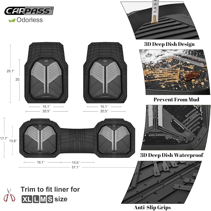 CAR PASS Heavy Duty Rubber Car Mats, Deep-Dish Car Floor Mats All Weather, Universal Two-Tone Trim-to-Fit for SUVs Trucks Sedans, Waterproof Anti-Slip, 3 Pieces V12 Black and Metallic Gray