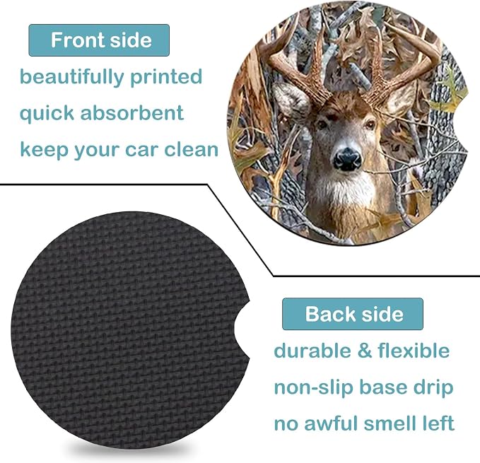 2 Pack Camo Deer Car Cup Holder Coasters Universal Neoprene Coasters | 2.75" Universal Size Anti Slip Rubber Mat, Auto Cup Holder Accessories for SUV Truck, Camo Deer Gifts for Women Men Mom