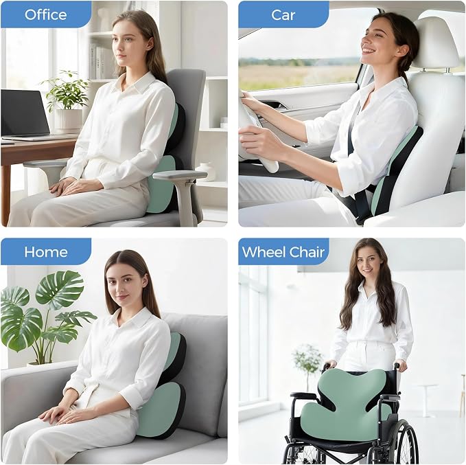 BEBAS Ergonomic Memory Foam Lumbar Support Pillow for Car, Green | Zoned Pressure Relief for Back Support, Lumbar Cushion with Fixed Ring, Breathable Washable Cover, Fits for Driving & Office