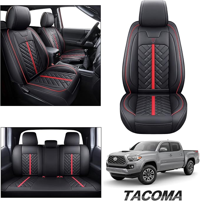 Tomatoman Tacoma Seat Covers Compatible with Toyota Tacoma 2005-2024 2025 2026 Truck Access Crew Double Extended Cab TRD Sport Offroad Limited SR5 V6 Airbag Compatible Car Cushions(Full Set/Black-Red)