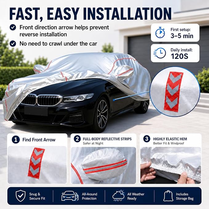 Waterproof All Weather Heavy Duty Vehicle Cover, 360° Underbody Wrap Windproof Design, Quick Install Outdoor Cover,（for BMW 5 Series 2007-2025）