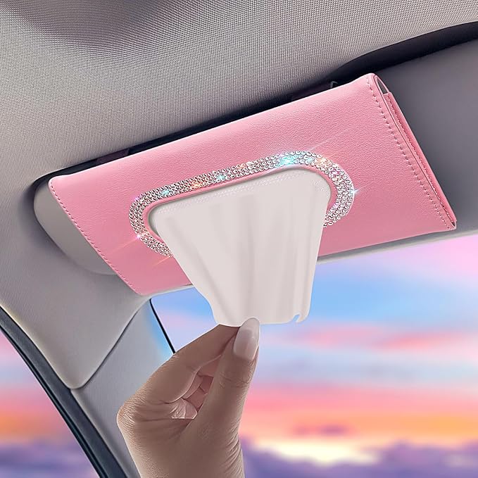 Bling Car Visor Tissue Holder, Diamond Mask Holder for Car Visor, PU Leather Tissue Box Holder,Wipes Case for Car Visor, Sun Visor Napkin Holder(Pink)