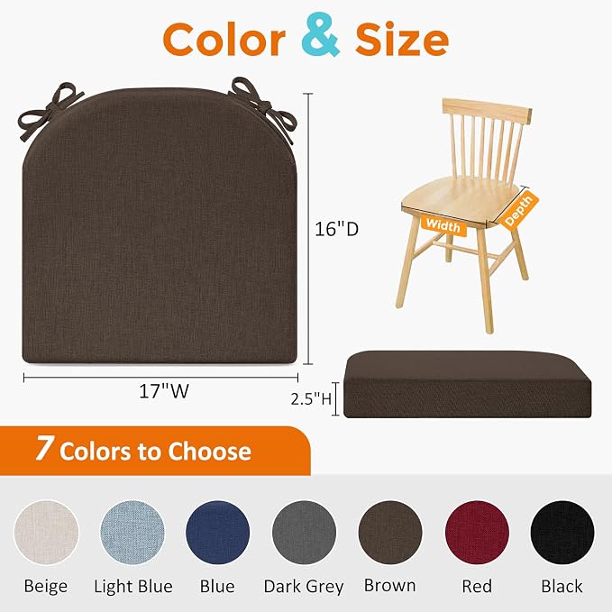 downluxe Chair Cushions for Dining Chairs, Memory Foam Linen Kitchen Chair Pads with Ties, Waterproof, Stain-Resistant and Washable Cover, 17" x 16" x 2.5", Brown, 2 Pack