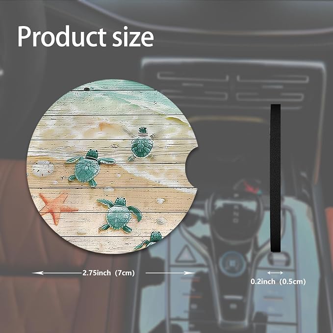 2pcs Cute Sea Turtles Car Coasters,Absorbent Universal neoprener Cup Holder Coasters with a Finger Notch,Car Accessories for Women&Man Interior，2.75"