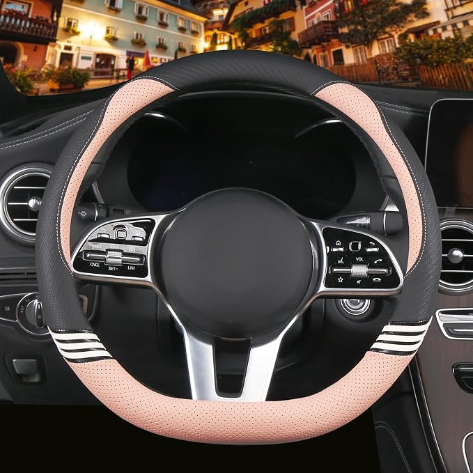 14 inch Cute Leather D Shape Steering Wheel Cover Black Pink | Breathable Faux Leather and Carbon Fiber Flat Bottom Car Accessories for Women Men Small 13.5 inch to 14 inch