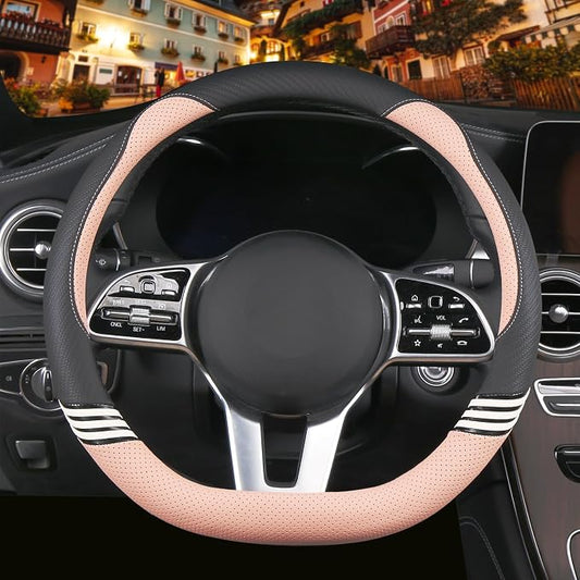 14 inch Cute Leather D Shape Steering Wheel Cover Black Pink | Breathable Faux Leather and Carbon Fiber Flat Bottom Car Accessories for Women Men Small 13.5 inch to 14 inch