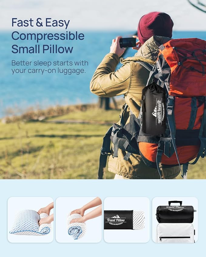 Adjustable Small Cooling Memory Foam Pillow for Travel, Camping & Airplane | Compressible, Mini Shredded Foam Bed Pillow for Medium Firm Neck Knee Lumbar Support, Ideal Car Sleeping, Backpacking, Hiking