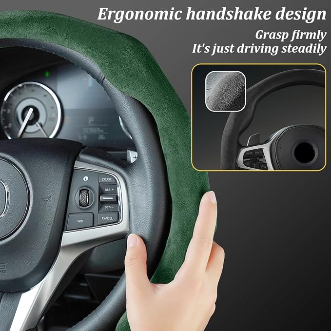 Car Steering Wheel Cover, Soft Brethable Suede Non-Slip Vehicle Steering Wheel Protector, Comfortable Sporty Auto Interior Protection Accessories, Universal for Truck SUV Van (Dark Green)