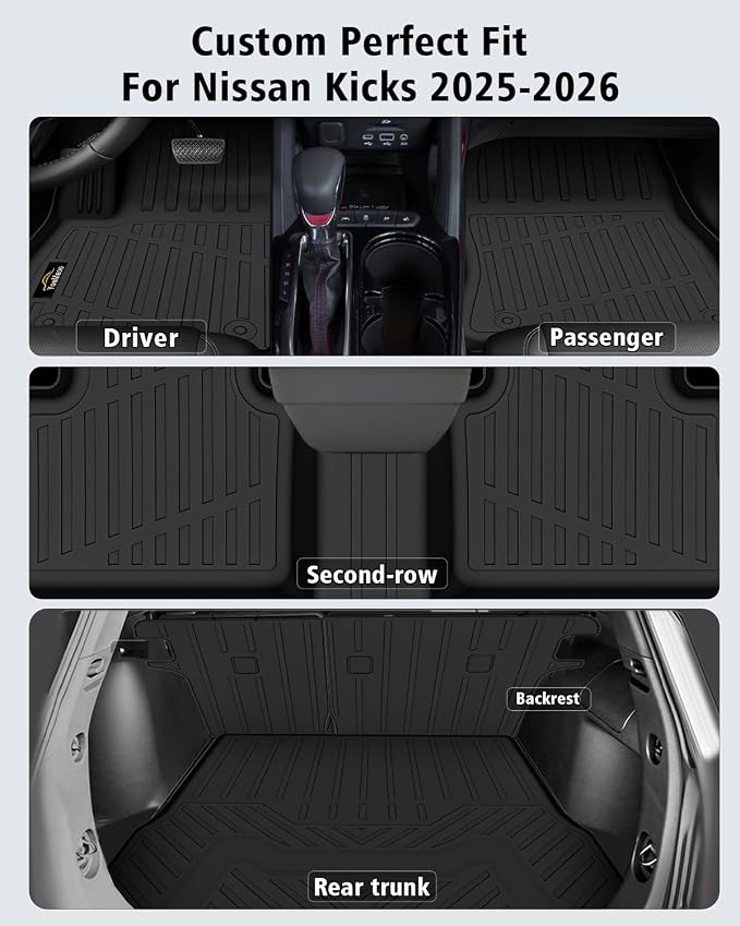 Floor Mats Custom for Nissan Kicks 2025 2026 SV/SR (Not for S) Cargo Liner with Backrest Mat All Weather TPE Rubber Full Set Floor Liners Trunk Mat for Kicks Automotive Accessories, Black | All Weather TPE Rubber Floor Liners, Cargo Liner, Backrest Mat...